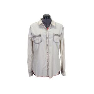 Jolt Womens Retro Bleached Button Up Shirt XL Cream Gray Cotton Long Sleeve